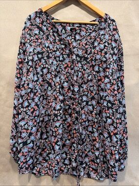 Terra & Sky Black Floral Peasant Blouse with Pink & Blue Accents-PRICE FIRM